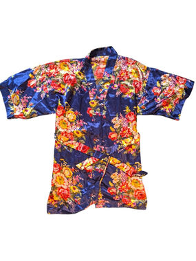 Vibrant Floral Satin Kimono OS Blue Pink